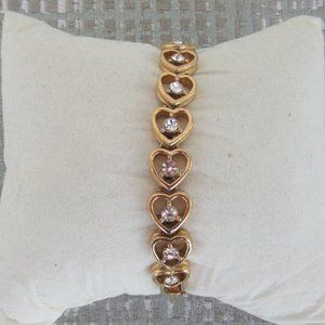 Vintage Hearts and Crystals Bracelet Gold Tone w/ clasp 7.25" Long